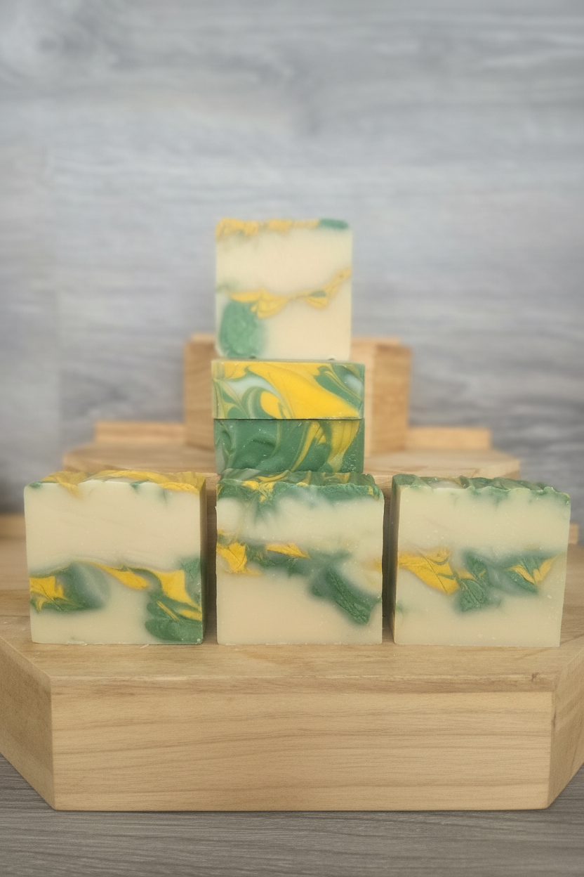 Handcrafted honey whipped cream soap bars with green and yellow swirl - enhanced